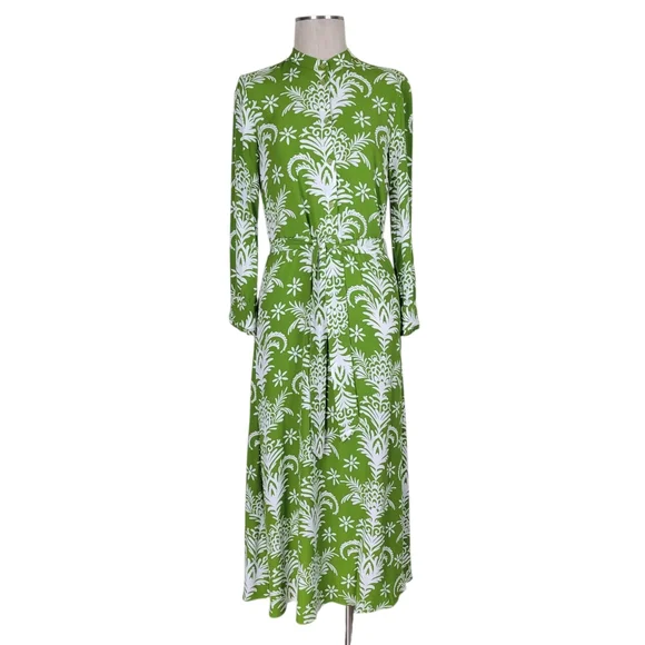 Zara Lilou Midi Dress Size S Green White Tropical Floral Belted Flowy Viscose - Picture 2 of 11